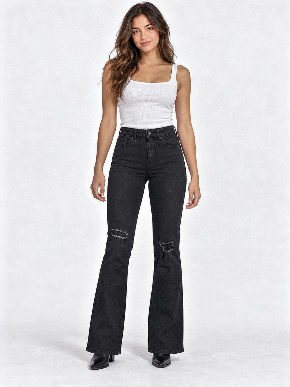 Express Bootcut Jeans Womens 2 Short Black High Rise Stretch Distressed Denim